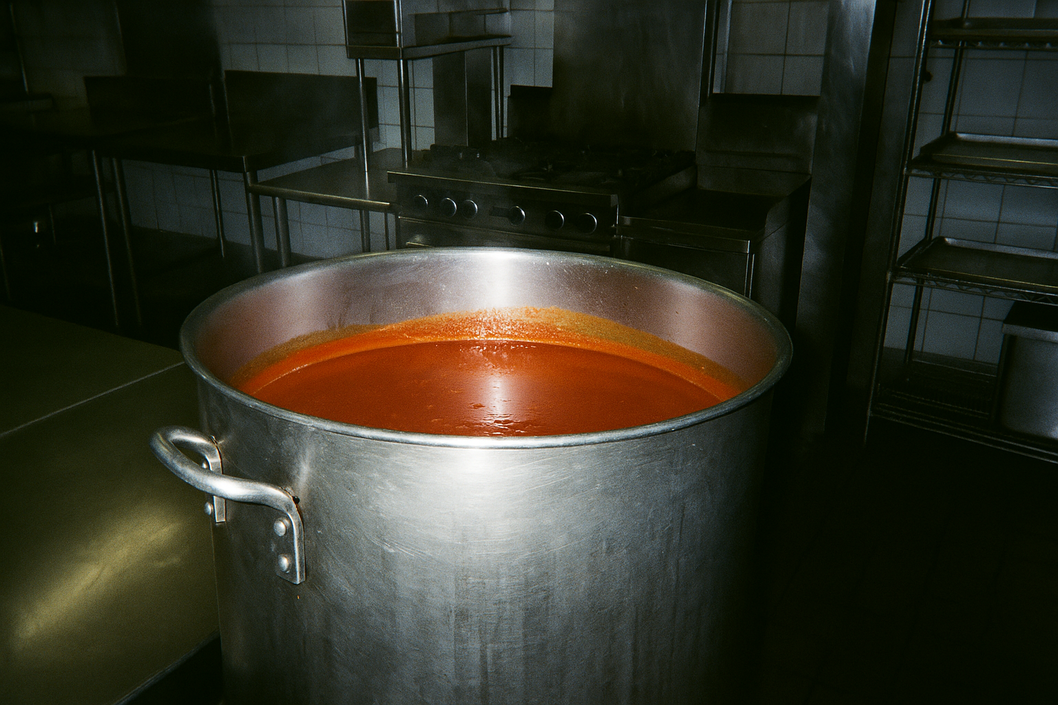 XXXL tall sauce pan of hot sauce a red orange colour in an industrial style kitchen 35mm disposable flash camera style photo real